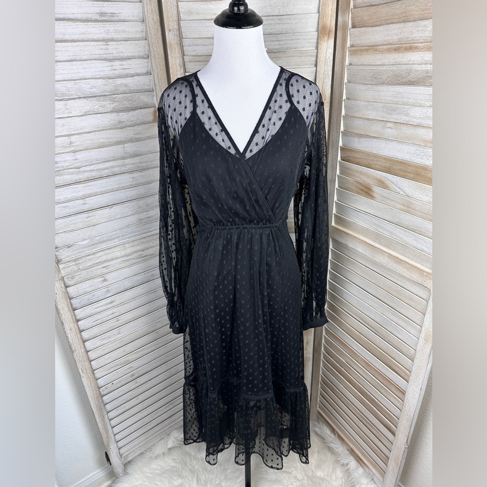 Cabi Black 2 Piece Mesh Swiss Dot Ruffled Theater Dress Size Small